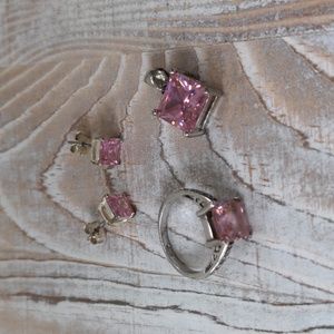 Inspired Silver pink cubic zirconia princess cut pendant, ring(5), post earrings